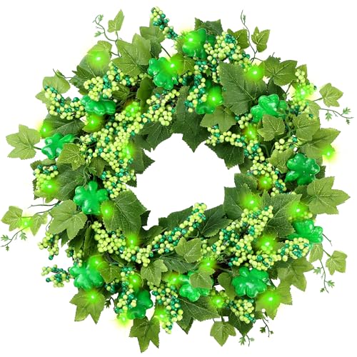 Sggvecsy 18 St Patricks Day Shamrocks Wreath for Front Door with Lights Artificial Lucky Clover Wreath with Greenery Ivy Leaves Berries for Irish St Patricks Day Decoration Wall Home Decor - Image 1