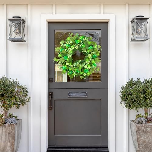 Sggvecsy 18 St Patricks Day Shamrocks Wreath for Front Door with Lights Artificial Lucky Clover Wreath with Greenery Ivy Leaves Berries for Irish St Patricks Day Decoration Wall Home Decor - Image 3