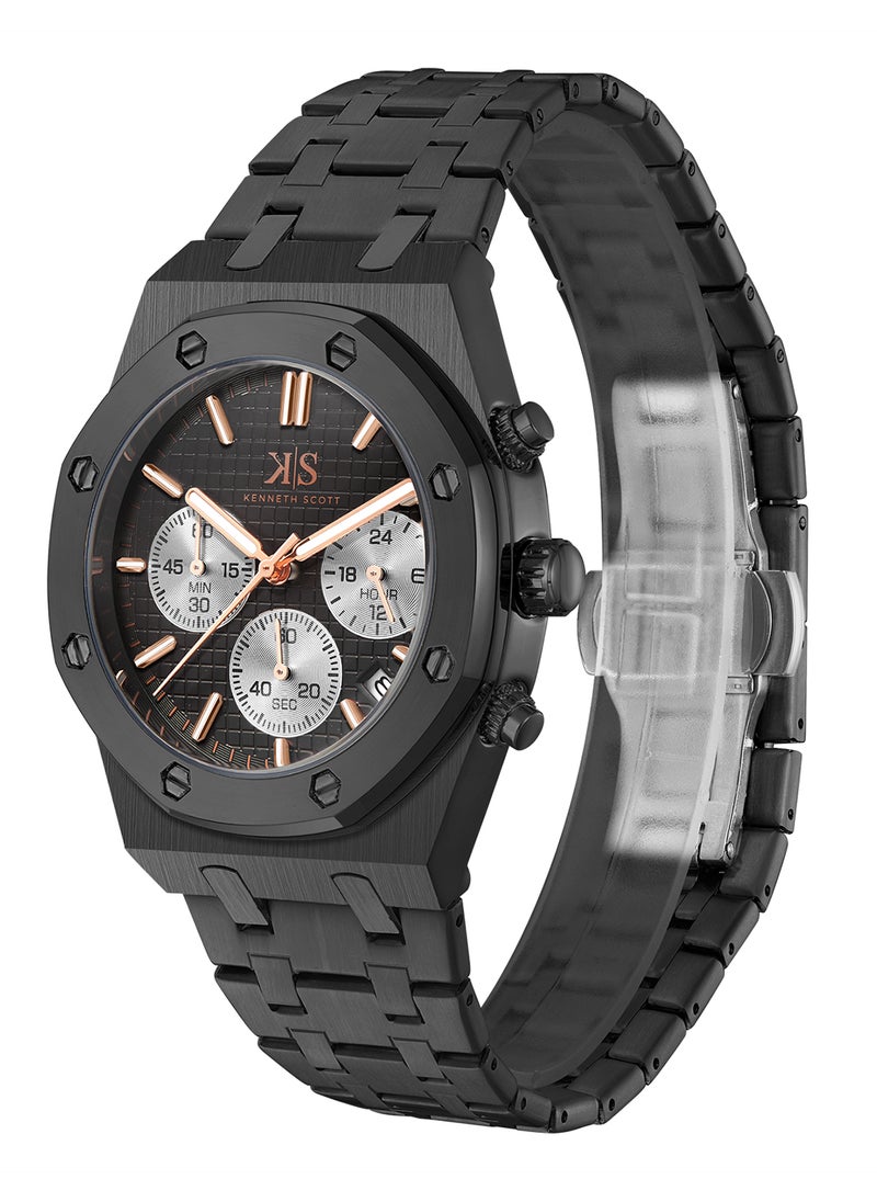 KENNETH SCOTT Kenneth Scott Men's Watch, Mult Function Display and Stainless Steel Strap - K24112-BBBB, Black  - Image 2