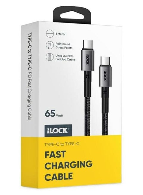 كابل شحن USB نوع C إلى نوع C بقدرة 65W بتصميم مضفر فائق المتانة ويدعم الشحن السريع من اي لوك، 1 م
