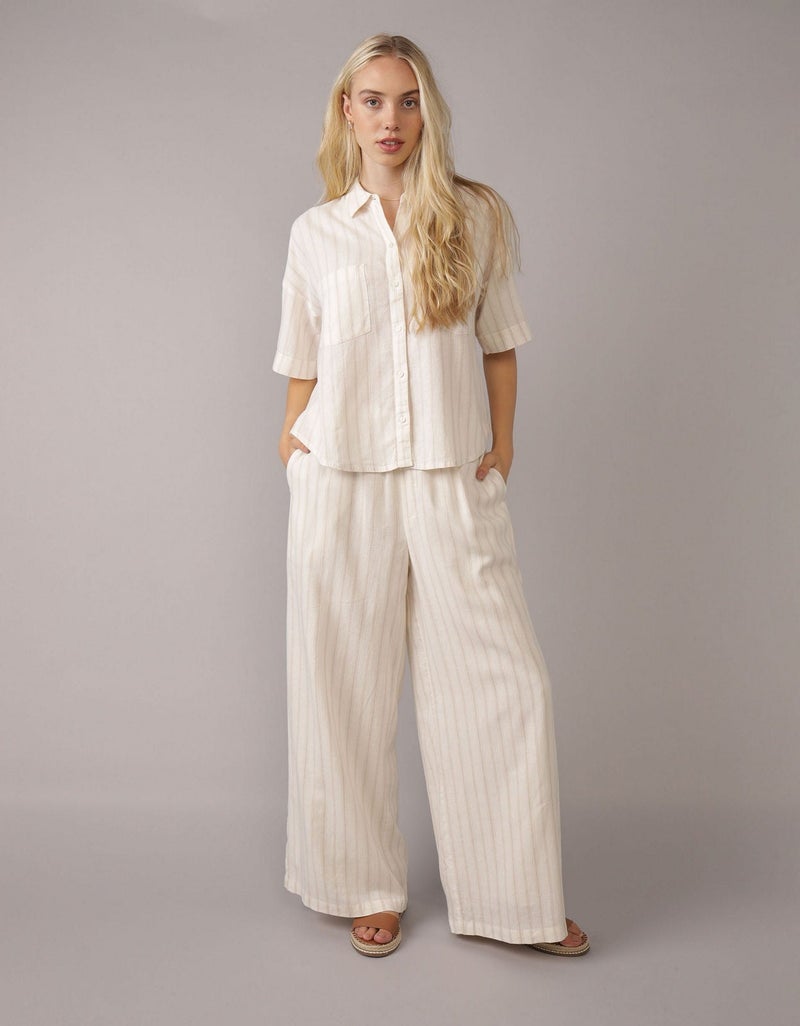 American Eagle AE Linen-Blend Short-Sleeve Button-Up Shirt - Image 1