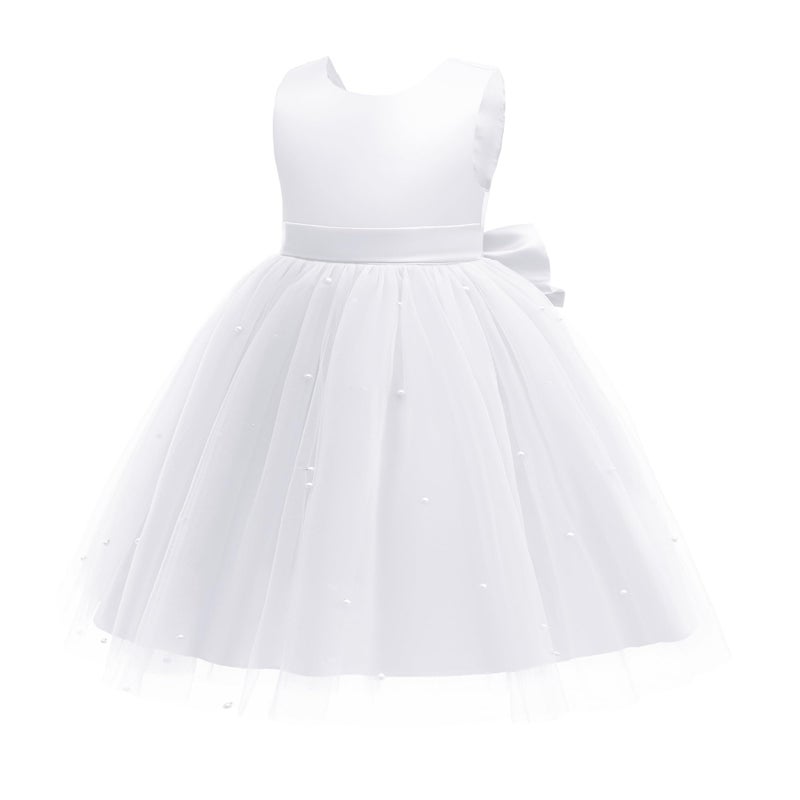 Akokvlar Girl V-Back Satin Flower Communion Dress Formal Birthday Party Wedding Prom Ball Gown (6-7 Years, White) - Image 3