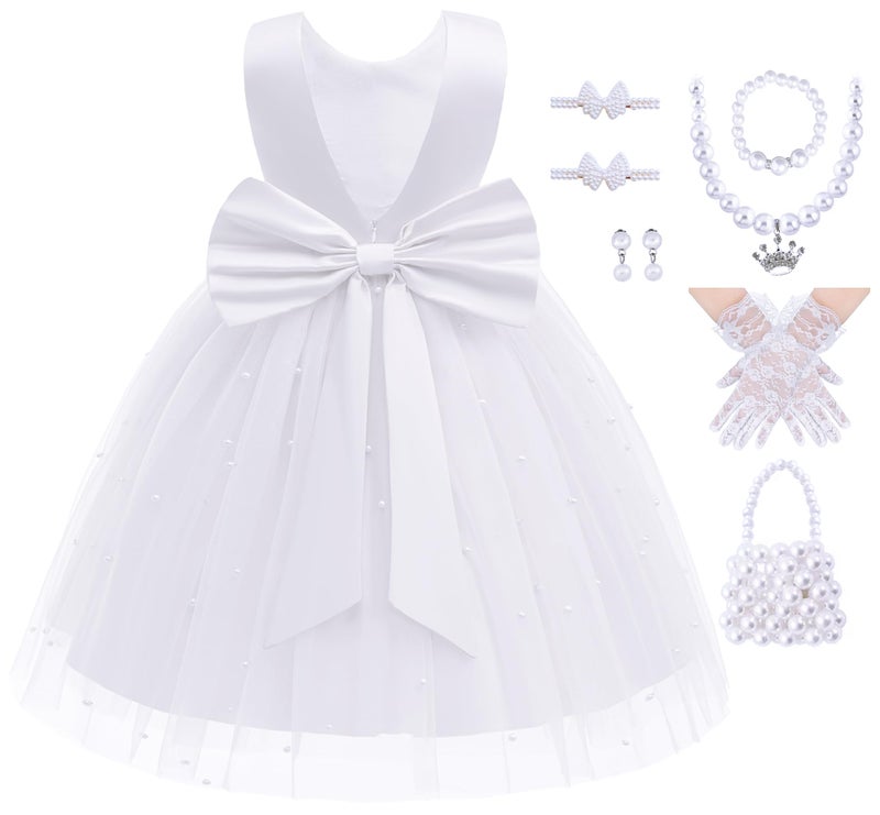 Akokvlar Girl V-Back Satin Flower Communion Dress Formal Birthday Party Wedding Prom Ball Gown (6-7 Years, White) - Image 1