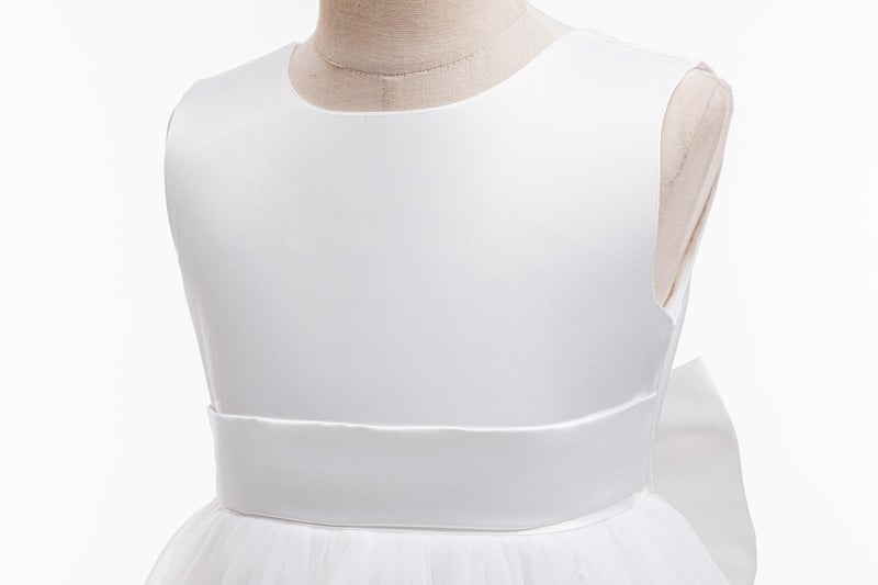 Akokvlar Girl V-Back Satin Flower Communion Dress Formal Birthday Party Wedding Prom Ball Gown (6-7 Years, White) - Image 2