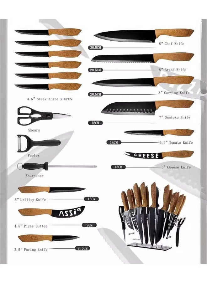 SHABILI - Kitchen Knife Set with Block, 19 PCS High Carbon Stainless Steel Sharp Kitchen Knife Set includes Serrated Steak Knives Set, Chef Knives, Bread Knife, Scissor, Sharpener, All in One Knife Set - Image 1