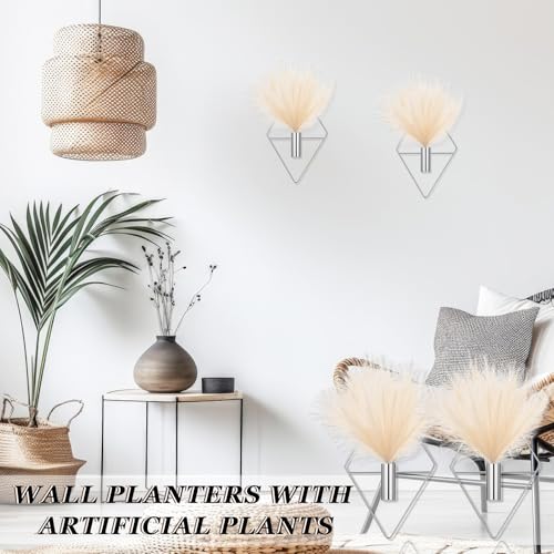 Canlierr 2 Pieces Wall Decor Hanging Planters with Artificial Plants Metal Hanging Vase Indoor Plants Holder Modern Boho Wall Art for Bathroom Bedroom Living Room Decor(Silver,Pampas Grass) - Image 5