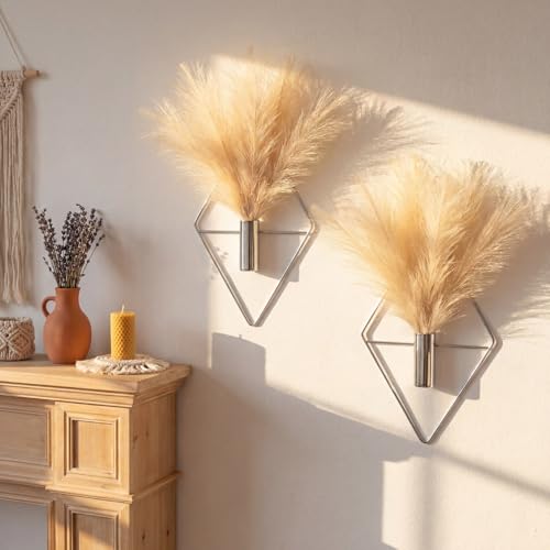 Canlierr 2 Pieces Wall Decor Hanging Planters with Artificial Plants Metal Hanging Vase Indoor Plants Holder Modern Boho Wall Art for Bathroom Bedroom Living Room Decor(Silver,Pampas Grass) - Image 1