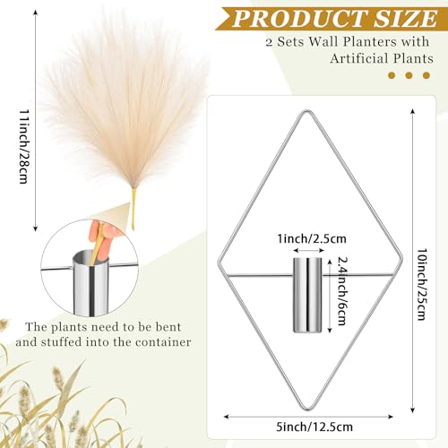 Canlierr 2 Pieces Wall Decor Hanging Planters with Artificial Plants Metal Hanging Vase Indoor Plants Holder Modern Boho Wall Art for Bathroom Bedroom Living Room Decor(Silver,Pampas Grass) - Image 2