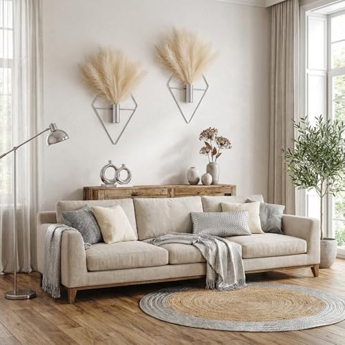 Canlierr 2 Pieces Wall Decor Hanging Planters with Artificial Plants Metal Hanging Vase Indoor Plants Holder Modern Boho Wall Art for Bathroom Bedroom Living Room Decor(Silver,Pampas Grass) - Image 4