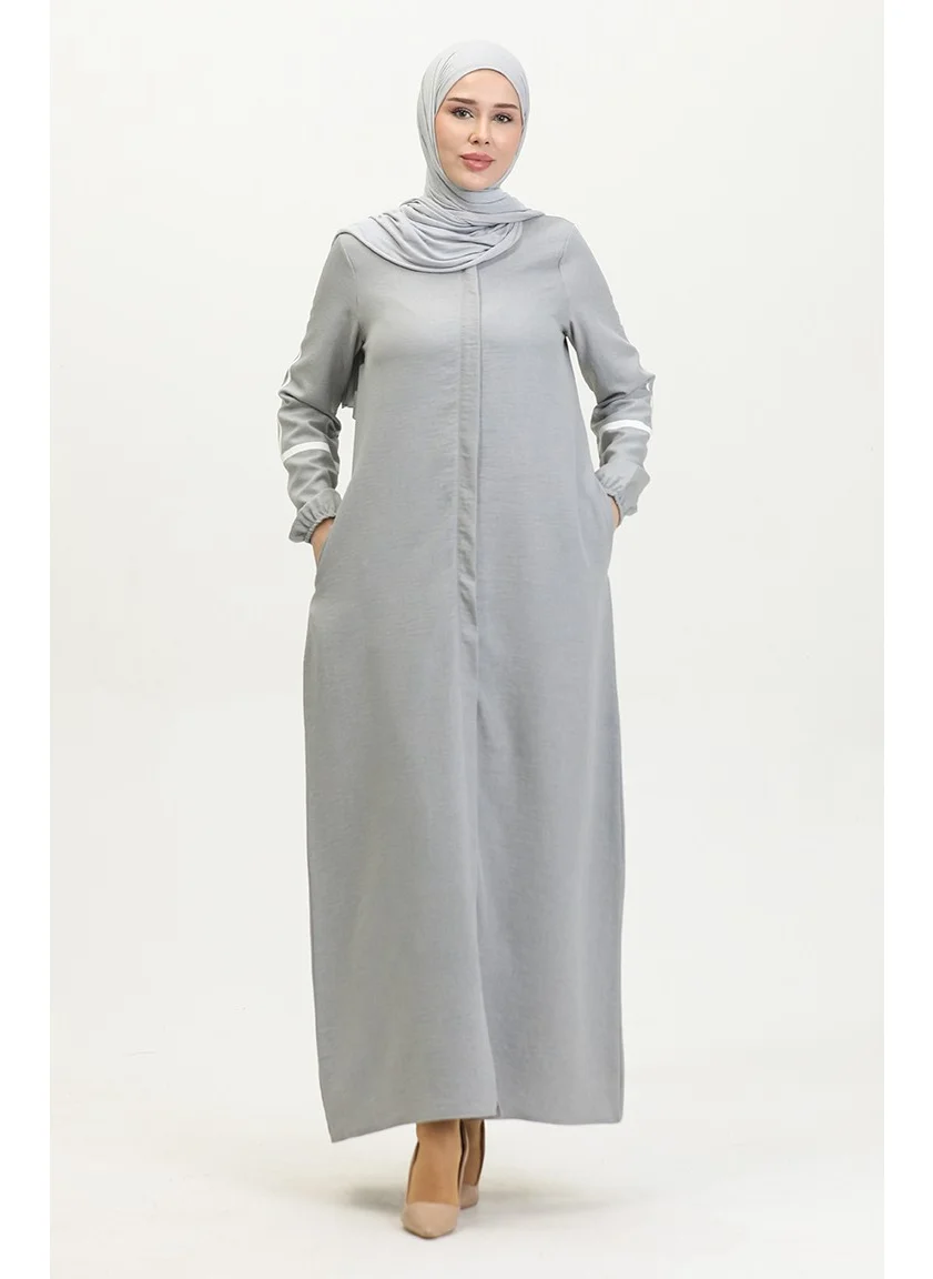 Sefa Merve Print Detail Abaya 24018-04 Gray
