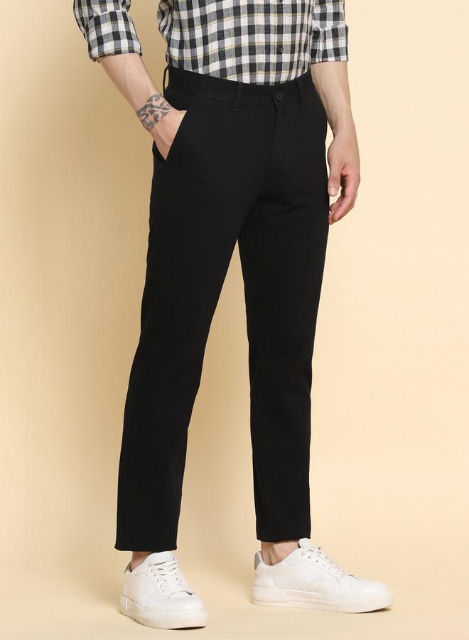 Dennis Lingo Men's Black 100% Cotton Solid Pattern Full Length Slim Fit Trouser - Image 3