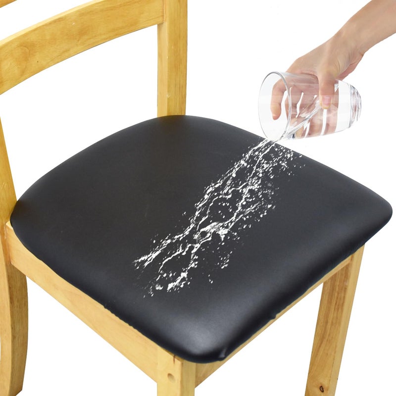 Eeaivnm Leather Stretch Chair Seat Covers with Elastic Ties Waterproof Dining Room PU Leather Chair Cover Seats Removable Washable Chair Protector Seat Cushion Slipcovers for Home Kitchen (Black  2 PCS) - Image 1