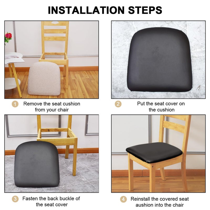 Eeaivnm Leather Stretch Chair Seat Covers with Elastic Ties Waterproof Dining Room PU Leather Chair Cover Seats Removable Washable Chair Protector Seat Cushion Slipcovers for Home Kitchen (Black  2 PCS) - Image 5