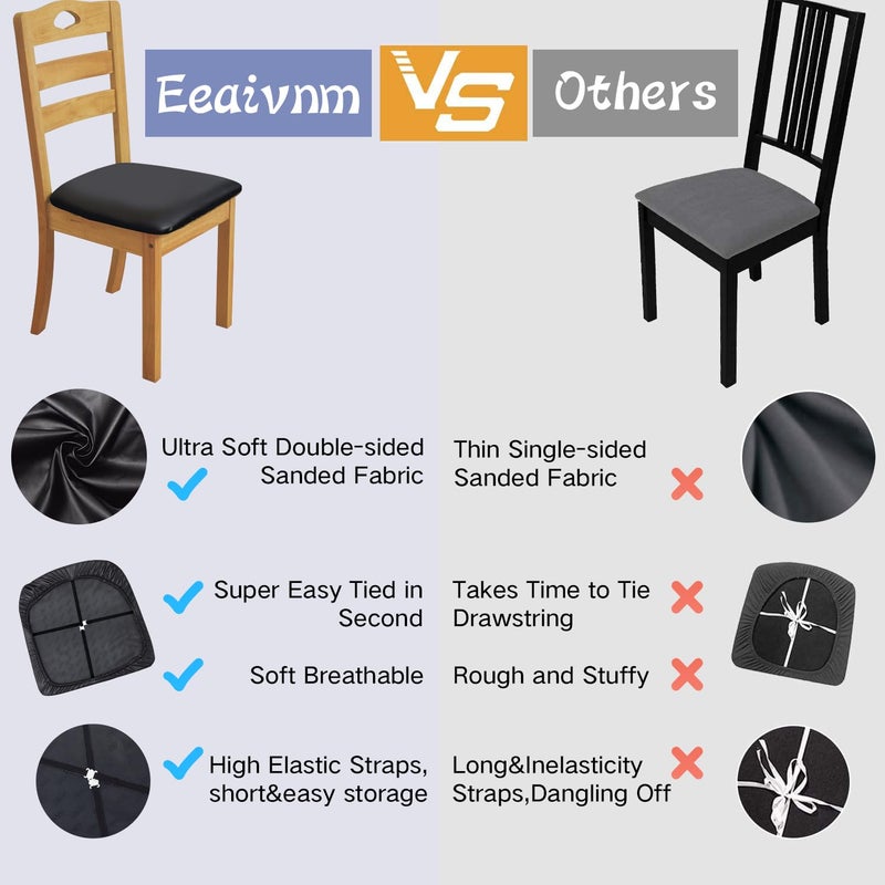 Eeaivnm Leather Stretch Chair Seat Covers with Elastic Ties Waterproof Dining Room PU Leather Chair Cover Seats Removable Washable Chair Protector Seat Cushion Slipcovers for Home Kitchen (Black  2 PCS) - Image 3