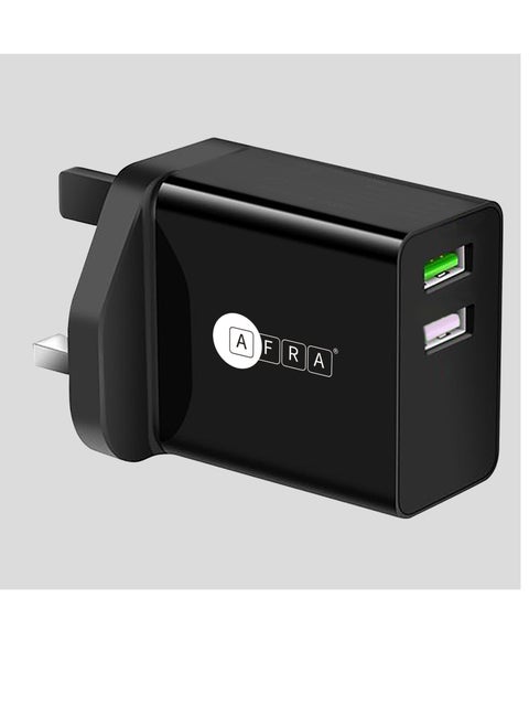 AFRA USB Wall Charger, 18 W, 2.4A Charging Speed, Dual Ports, USB A, Fast Charging, Light, Overheat and Short Circuit Protection, Compact Design