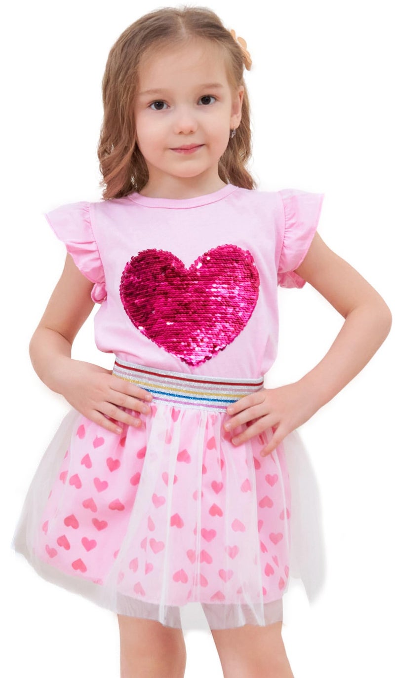 RETSUGO Toddler Girls Heart Skirt Set Summer Valentines Day Outfit Kids Flutter Sleeve Shirt Pink Tulle Skirts Tutu Heart Print Dress 5-6 Years - Image 1