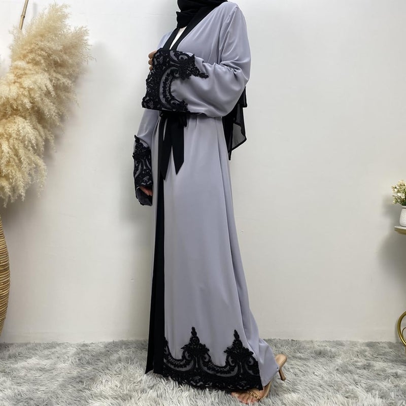 AFAVOM Turkey Abaya for Women Islamic Muslim Prayer Dress Long Sleeve Embroidered Open Front Cardigan Kaftan Ankle Length Dubai Robe Maxi Dress Casual Turkish Modest Dress with Belt Gray S - Image 5