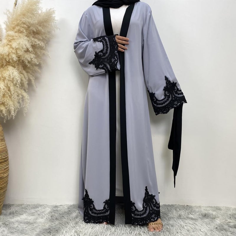 AFAVOM Turkey Abaya for Women Islamic Muslim Prayer Dress Long Sleeve Embroidered Open Front Cardigan Kaftan Ankle Length Dubai Robe Maxi Dress Casual Turkish Modest Dress with Belt Gray S - Image 4