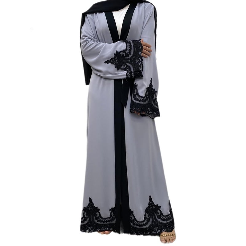 AFAVOM Turkey Abaya for Women Islamic Muslim Prayer Dress Long Sleeve Embroidered Open Front Cardigan Kaftan Ankle Length Dubai Robe Maxi Dress Casual Turkish Modest Dress with Belt Gray S - Image 1