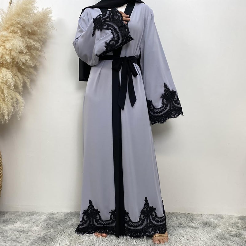 AFAVOM Turkey Abaya for Women Islamic Muslim Prayer Dress Long Sleeve Embroidered Open Front Cardigan Kaftan Ankle Length Dubai Robe Maxi Dress Casual Turkish Modest Dress with Belt Gray S - Image 3