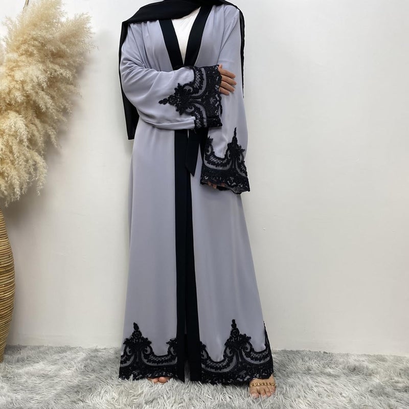 AFAVOM Turkey Abaya for Women Islamic Muslim Prayer Dress Long Sleeve Embroidered Open Front Cardigan Kaftan Ankle Length Dubai Robe Maxi Dress Casual Turkish Modest Dress with Belt Gray S - Image 2
