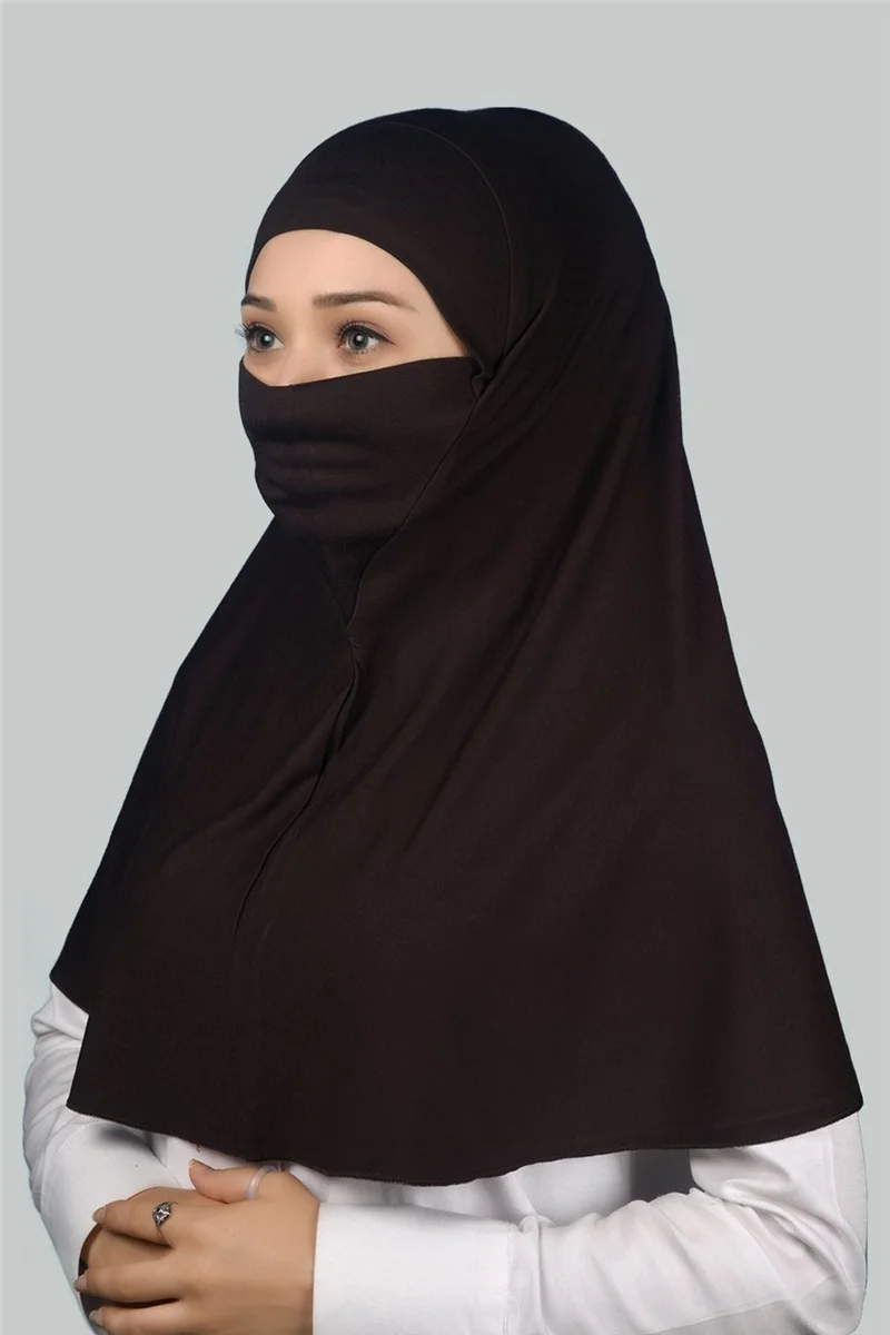 التوبة Ready-made Turban Practical Scarf with Veil Hijab with Nikap - Prayer Cover Soufflé (Xl) - Dark Brown