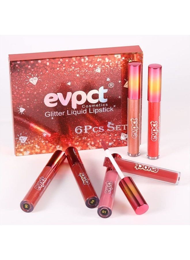 evpct - 6Pcs Matte to Glitter Liquid Lipstick Long Lasting Lip Set Kit,6 Color Diamond Shiny Dark Red Pink Purple Glitter Sparkly Glossy Metallic Shimmer Sparkle Waterproof Lipstick Lip Gloss for Women - Image 1