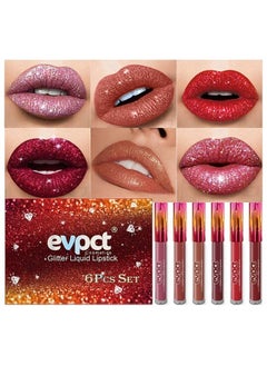 6Pcs Matte to Glitter Liquid Lipstick Long Lasting Lip Set Kit,6 Color Diamond Shiny Dark Red Pink Purple Glitter Sparkly Glossy Metallic Shimmer Sparkle Waterproof Lipstick Lip Gloss for Women