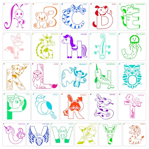 Kaemi Animal Letter Stencils for Painting - 26 Pcs Reusable Stencils for Crafts, Kids Learning, Drawing & DIY Painting on Wood, Walls, Cards, Rocks (6x6 in) - Image 1