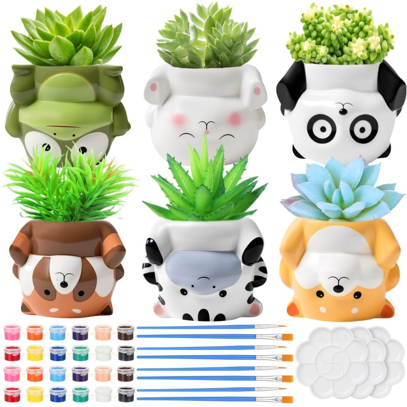 Chuangdi 6 Sets DIY Ceramic Succulent Pots Paint Animal Planters Unpainted Plant Flower Pot Paintable Ceramic Painting Kit Drainage Hole Color Paints Paintbrushes Palettes for Craft Activity - Image 1