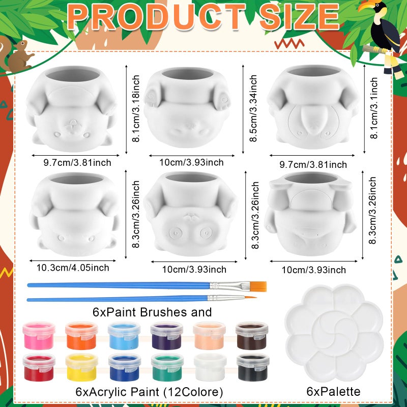 Chuangdi 6 Sets DIY Ceramic Succulent Pots Paint Animal Planters Unpainted Plant Flower Pot Paintable Ceramic Painting Kit Drainage Hole Color Paints Paintbrushes Palettes for Craft Activity - Image 2
