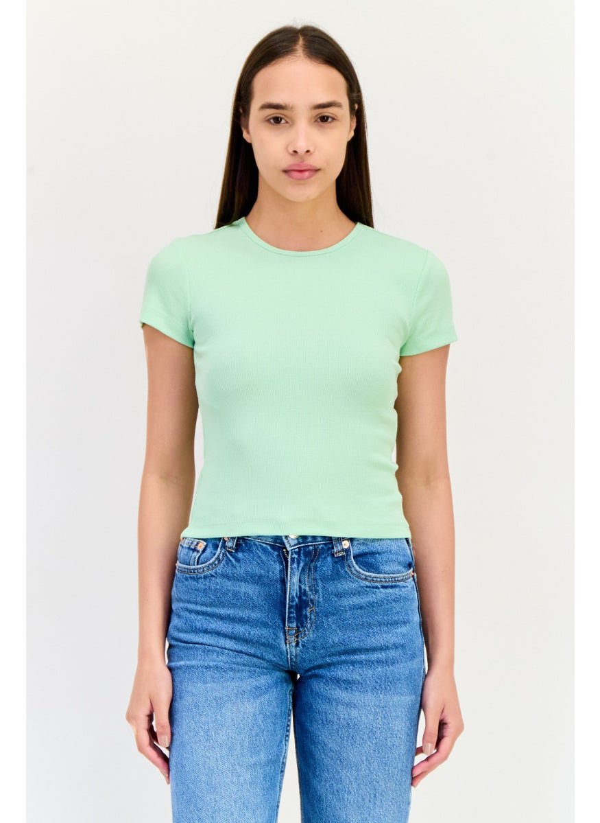 VERO MODA Women Crew Neck Short Sleeve Textured Crop Top, Mint Green  - Image 1