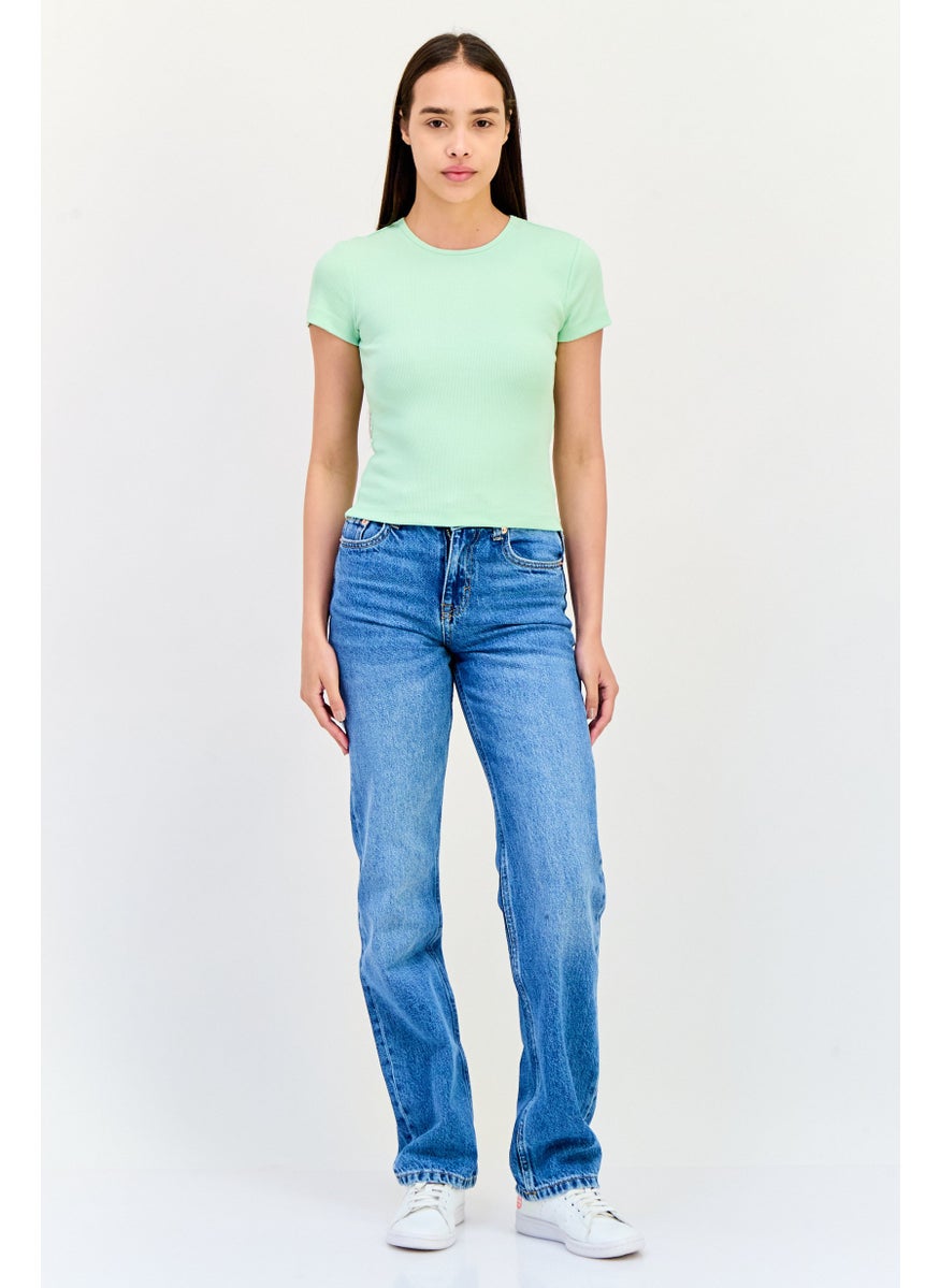 VERO MODA Women Crew Neck Short Sleeve Textured Crop Top, Mint Green  - Image 4