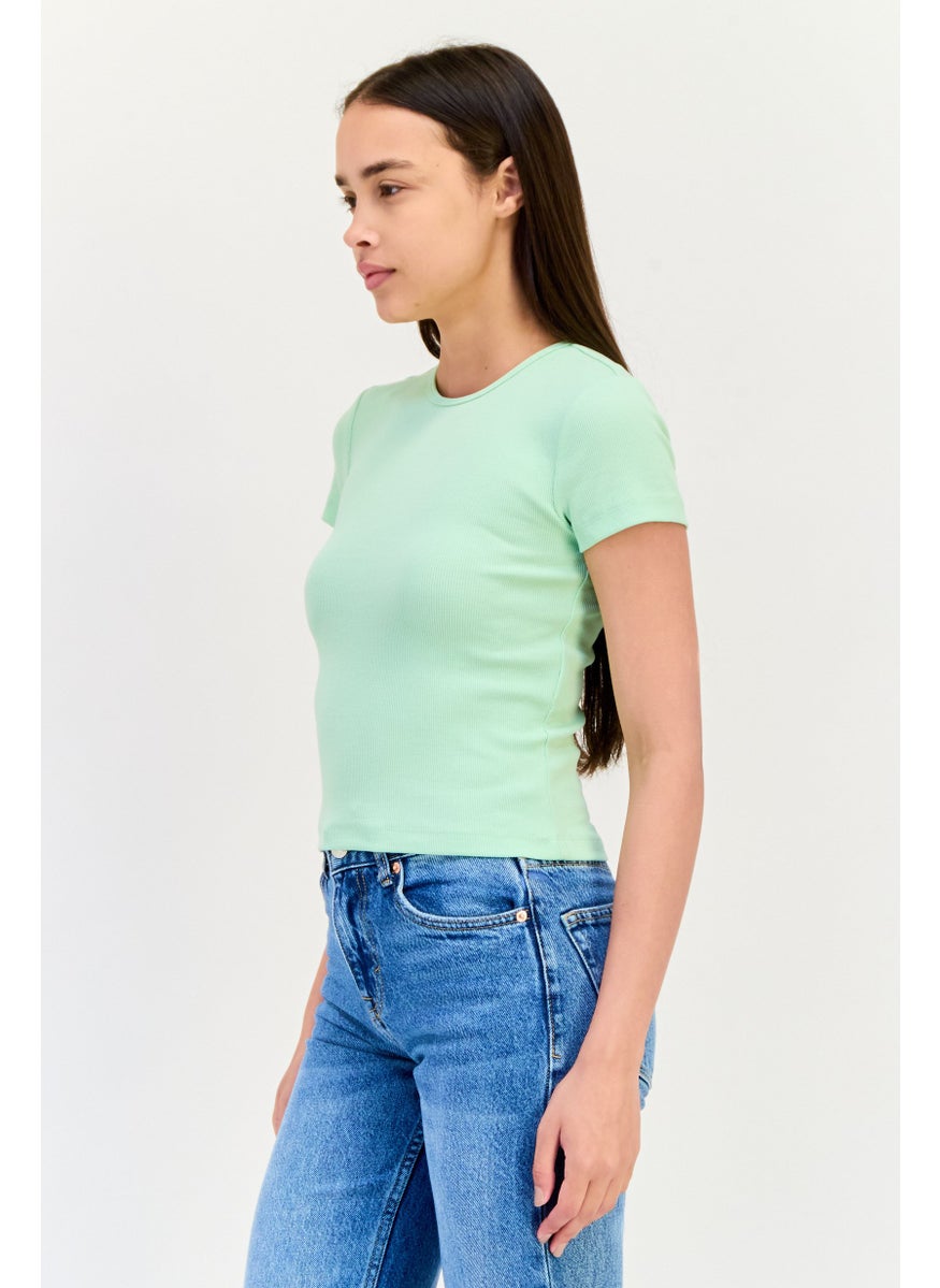 VERO MODA Women Crew Neck Short Sleeve Textured Crop Top, Mint Green  - Image 3