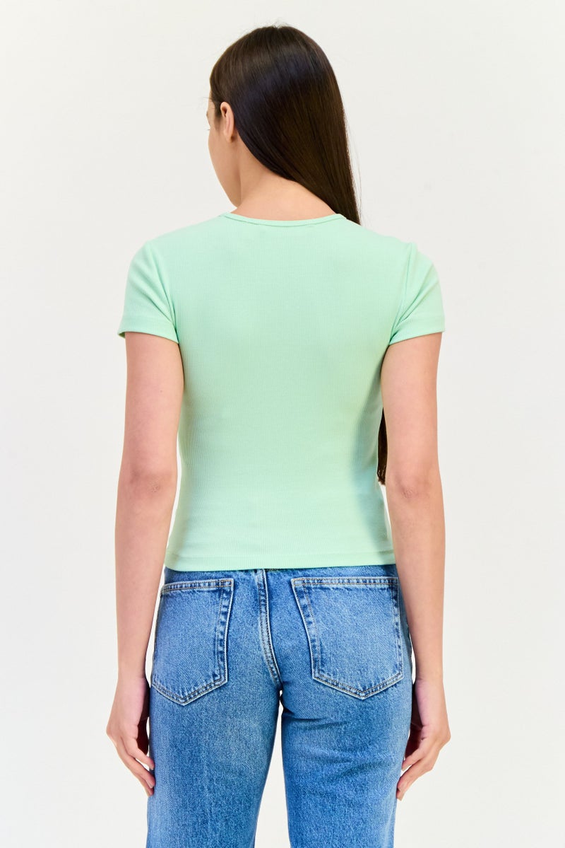 VERO MODA Women Crew Neck Short Sleeve Textured Crop Top, Mint Green - Image 2