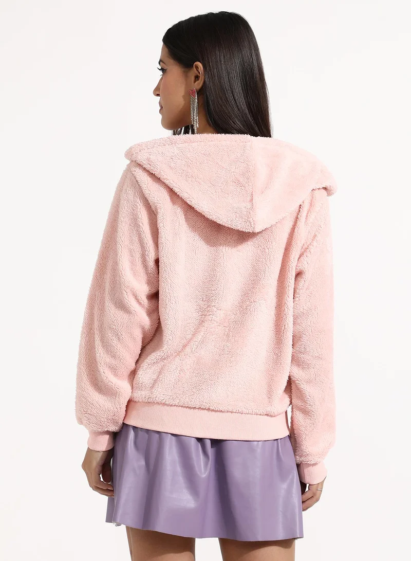 Pinacolada  Women's Baby Pink Furry Hoodie With Ribbed Hem for Women | Best Price UAE