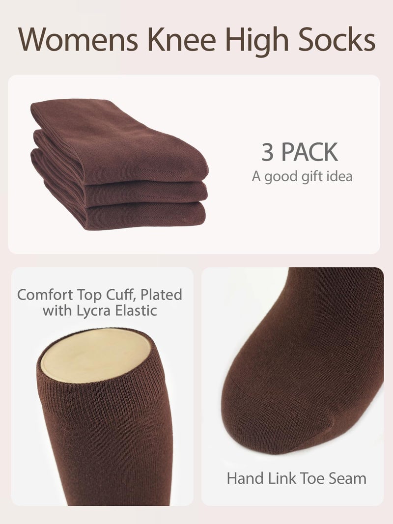 COTTON DAY Women's Soft Combed Cotton Knee High Long Calf Dress Socks Seamless Toe Shoe Size 6-9 Brown Cocoa - Image 4