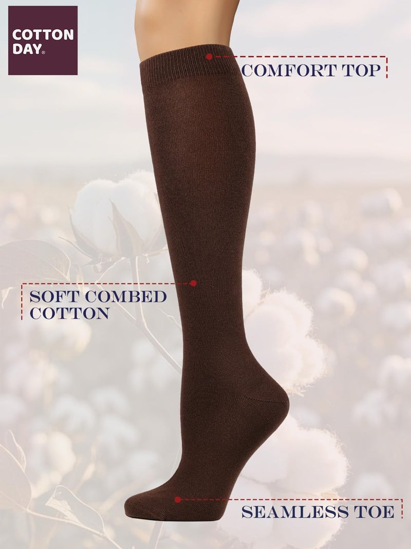 COTTON DAY Women's Soft Combed Cotton Knee High Long Calf Dress Socks Seamless Toe Shoe Size 6-9 Brown Cocoa - Image 3