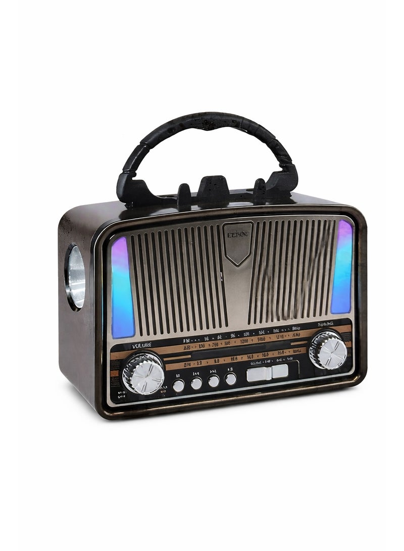 راديو محمول DENX موديل DX714 يدعم بلوتوث + USB + كارت ميموري + AUX مع إضاءة RGB وكشاف – قابل لإعادة الشحن