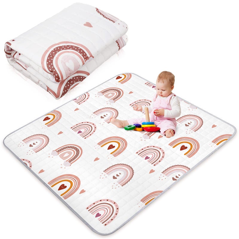 Funtery 43 x 43 Inch Boho Baby Play Mat Portable Crawling Washable Foldable Tummy Time Non Slip Baby Floor Large Playpen Mat for Infants Toddlers Floor Playpen Activity(Boho Rainbow) - Image 1