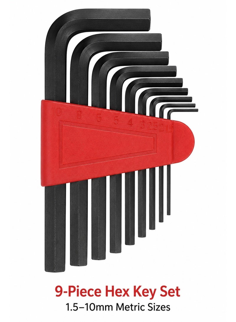 9-Piece Metric Long Arm Hex Key Set, 1.5–10mm L-Shaped Allen Wrench Kit, Chrome Vanadium Steel Hexagon Keys with Storage Holder for Bicycle, Furniture, Automotive and DIY Repair - Image 1