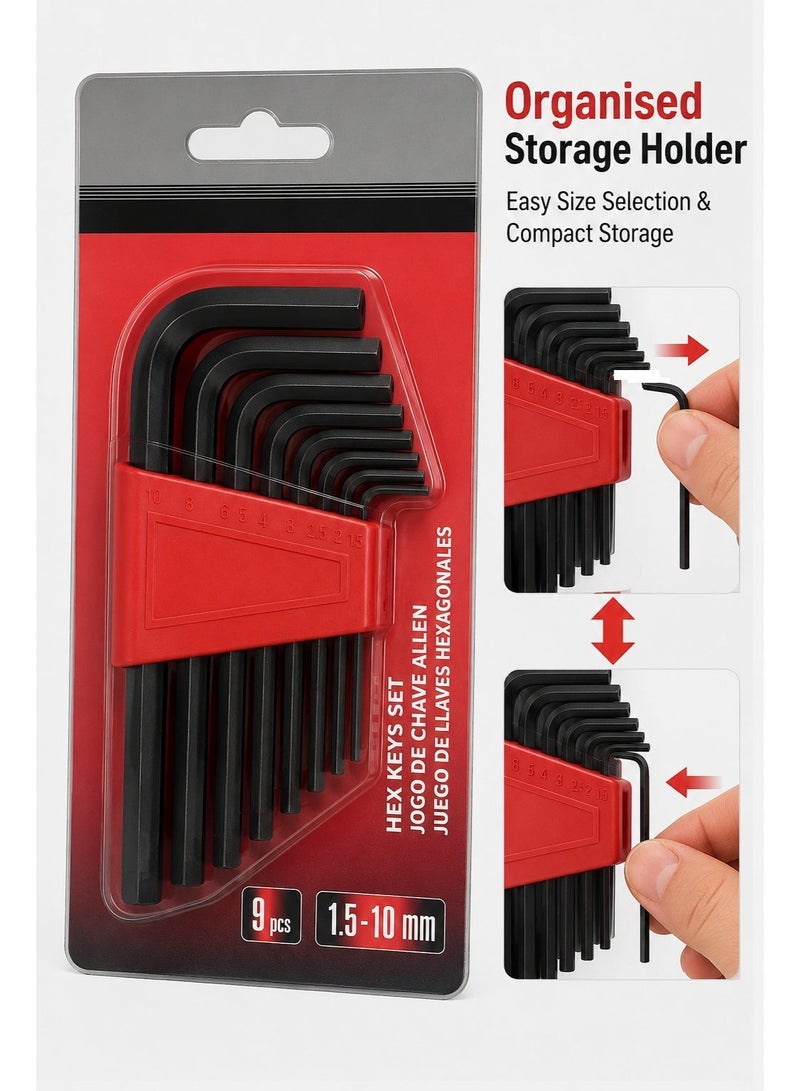 9-Piece Metric Long Arm Hex Key Set, 1.5–10mm L-Shaped Allen Wrench Kit, Chrome Vanadium Steel Hexagon Keys with Storage Holder for Bicycle, Furniture, Automotive and DIY Repair - Image 2