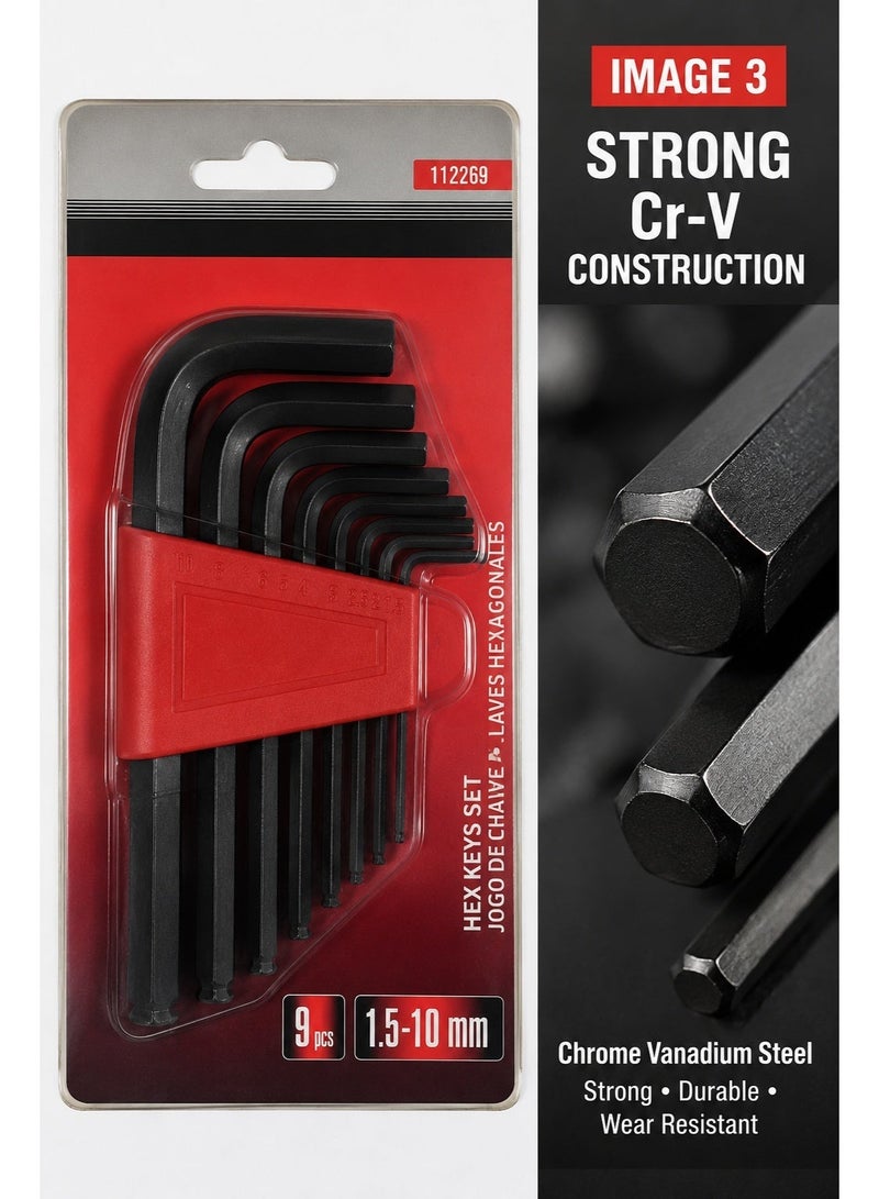 9-Piece Metric Long Arm Hex Key Set, 1.5–10mm L-Shaped Allen Wrench Kit, Chrome Vanadium Steel Hexagon Keys with Storage Holder for Bicycle, Furniture, Automotive and DIY Repair - Image 3