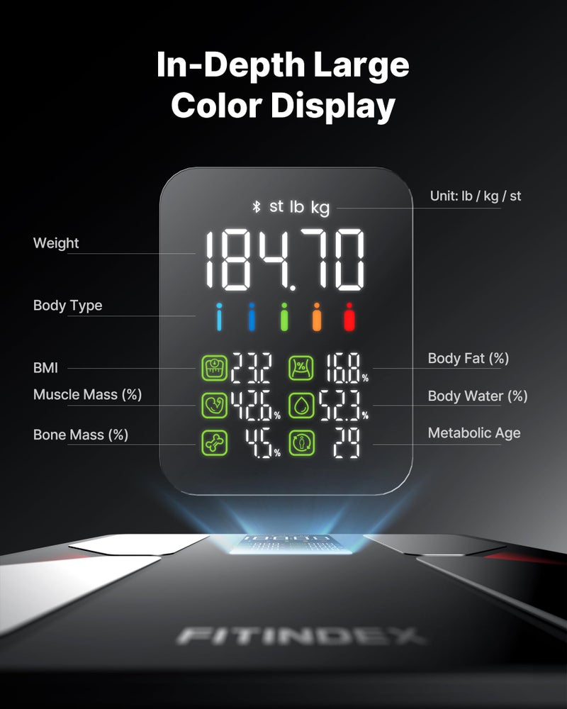 FITINDEX Smart Scale with BMI, Body Fat, Muscle Mass, Scale for Body Weight and Fat Percentage, High Accurate Bluetooth Scale with Large Display, 13 Body Composition Analyzer Sync APP, 500lbs, 11.8" - Image 2