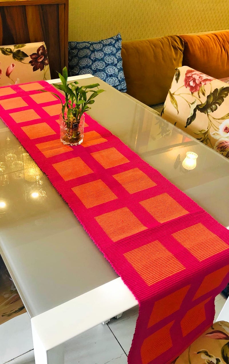Rangbhar Handloom Ribbed Cotton Table Runner for Living/Dining Room/Home Decor, Anti Skid, Reversible, Machine Washable, 12 X 60 inches, Striped, Pink Orange Box - Image 1