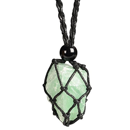 Anjiucc Natural Gemstone Crystal Raw Green Fluorite Pendant Necklace Stone Hand-Woven Necklace with Adjustable Length for Women Men - Image 1