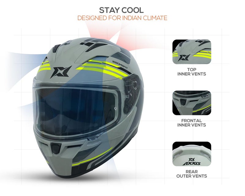 AXXIS Segment Visual Full Face Helmet | ISI & DOT Certified | Lightweight Polycarbonate Shell | Anti-Scratch Treated Visor | Superior Ventilation | Micrometric Buckle (Grey Neon, L) - Image 3