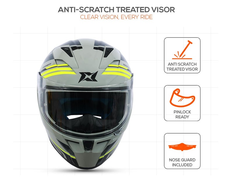 AXXIS Segment Visual Full Face Helmet | ISI & DOT Certified | Lightweight Polycarbonate Shell | Anti-Scratch Treated Visor | Superior Ventilation | Micrometric Buckle (Grey Neon, L) - Image 4