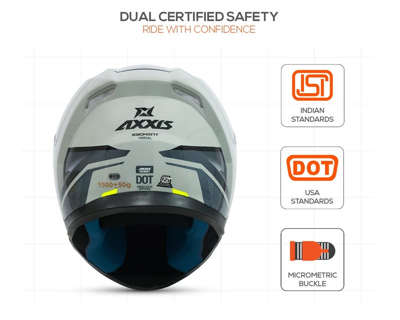 AXXIS Segment Visual Full Face Helmet | ISI & DOT Certified | Lightweight Polycarbonate Shell | Anti-Scratch Treated Visor | Superior Ventilation | Micrometric Buckle (Grey Neon, L) - Image 5