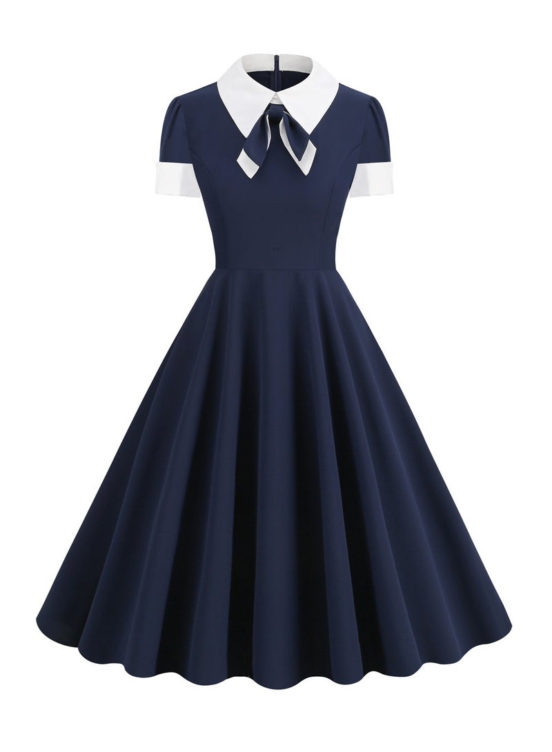 Shougu Shirt Collar Bow Retro Big Swing Dress  - Image 1